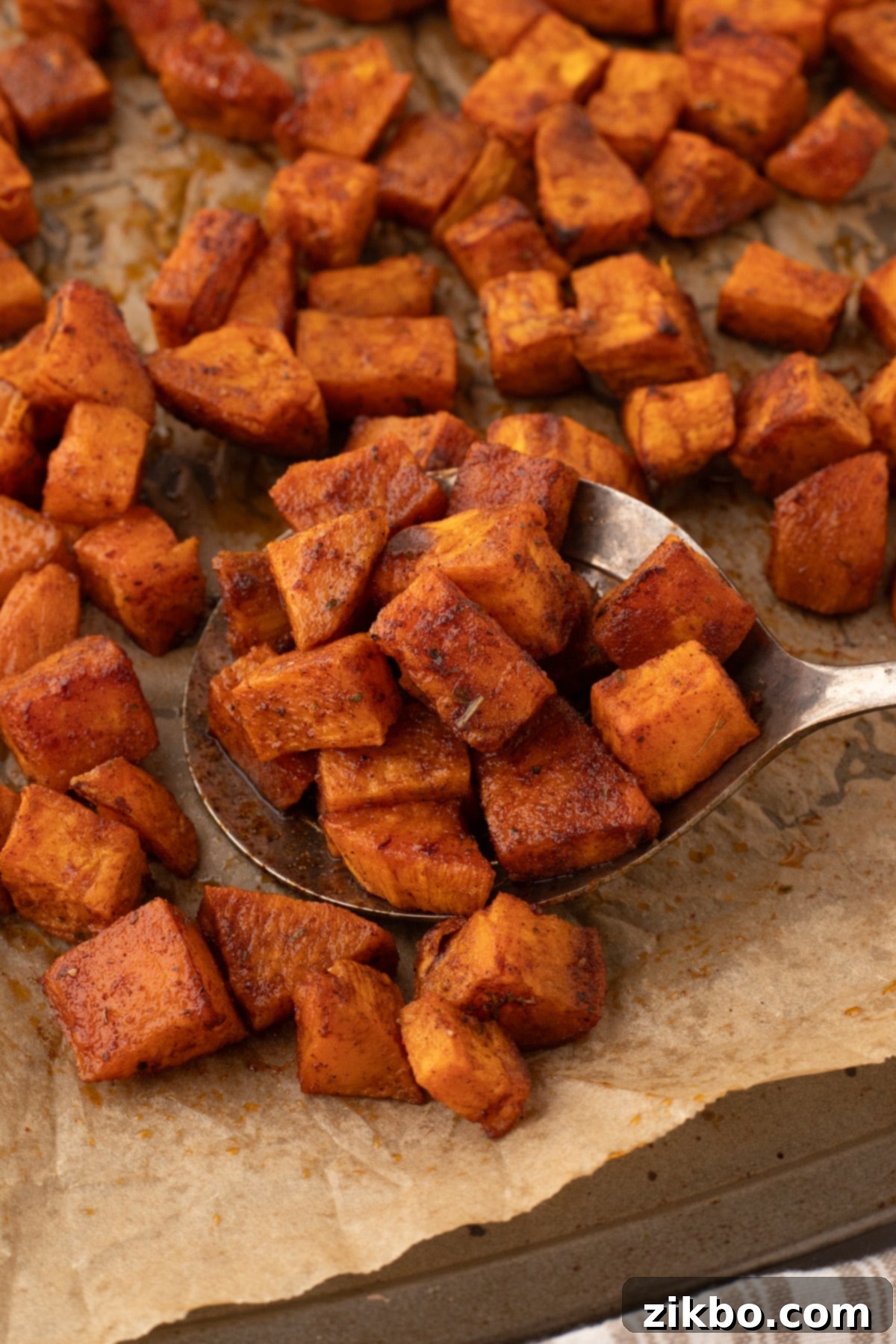 A spoon scooping up golden-brown roasted sweet potato cubes from a parchment-lined roasting pan.