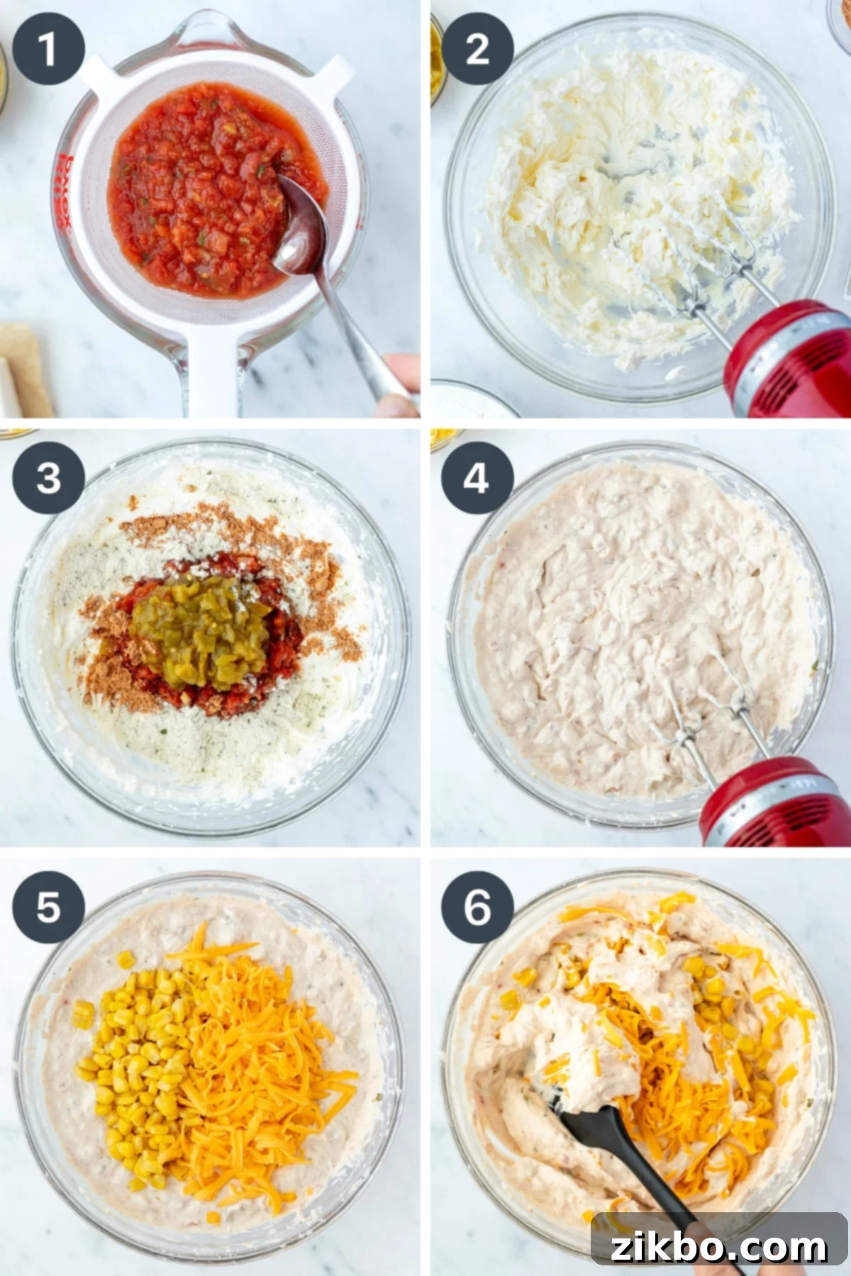 A visual sequence showing cream cheese being blended, followed by the addition of sour cream, seasonings, salsa, and cheese, all mixed in a large bowl to create the boat dip.