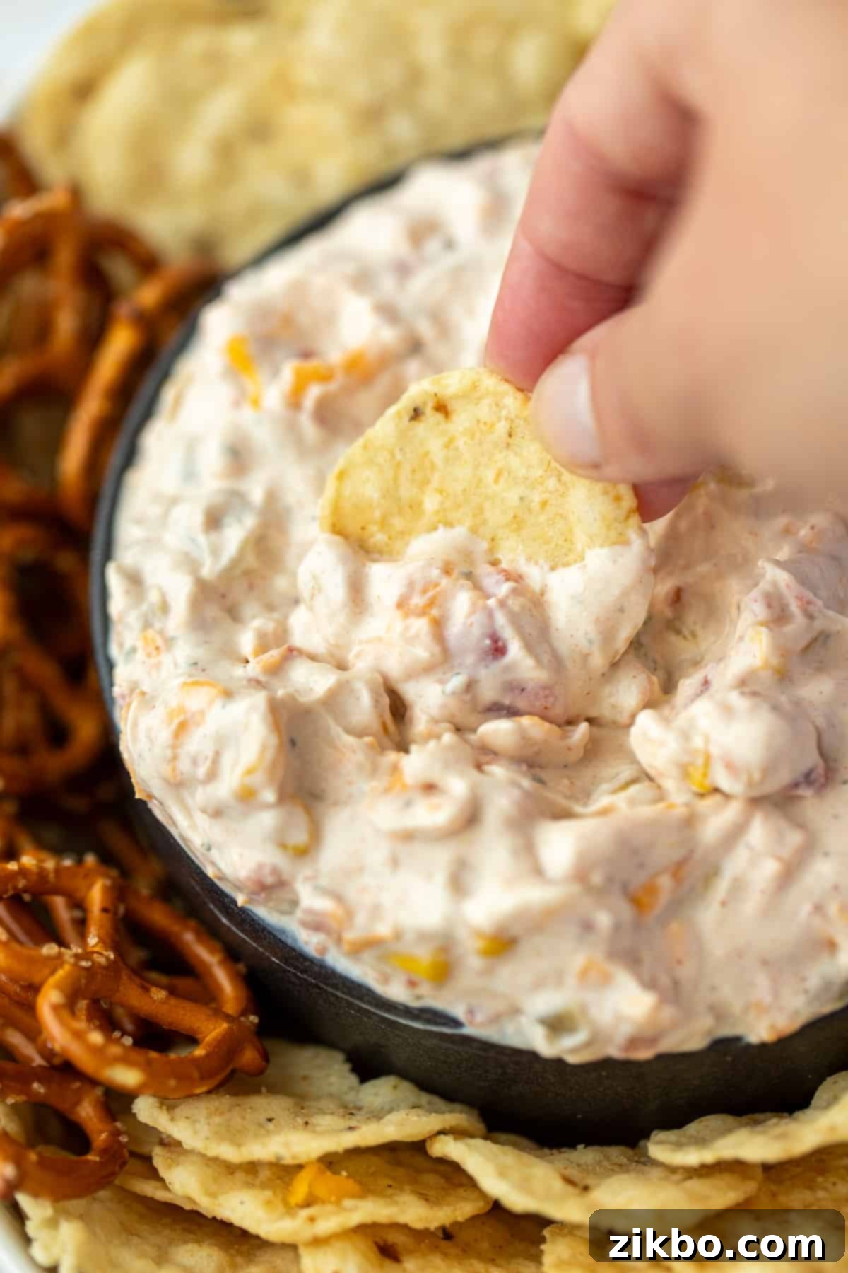 A close-up shot of a tortilla chip being dipped into a small, inviting bowl of creamy cheese and sour cream dip, highlighting its smooth texture.