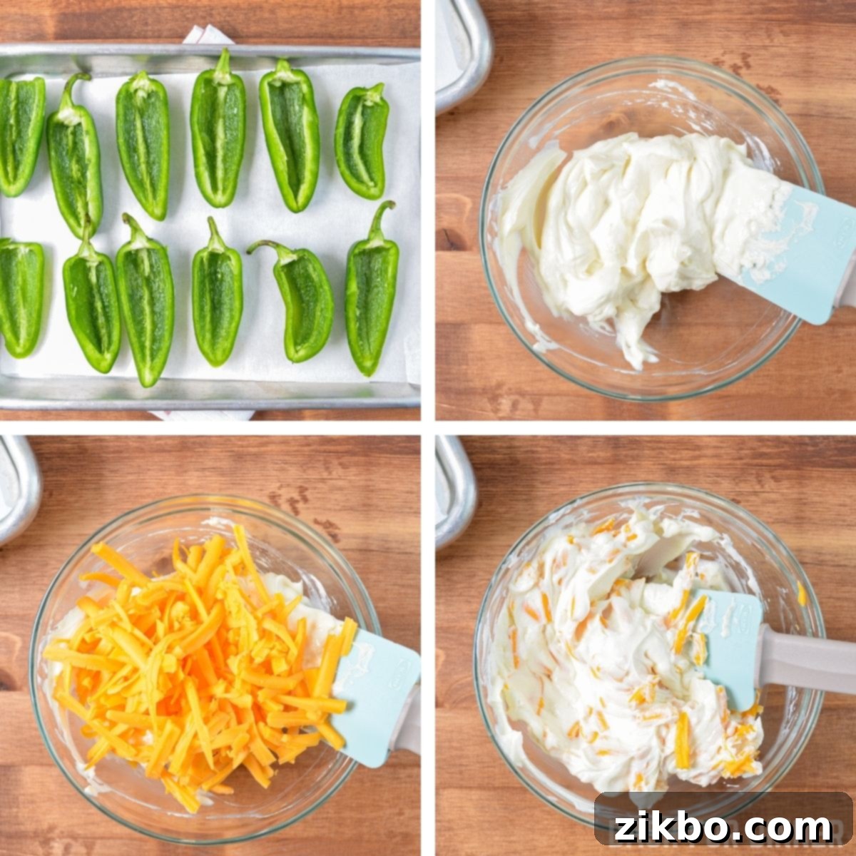 A series of images showing the step-by-step process of preparing jalapeno poppers in an air fryer, from halving the peppers to wrapping them in bacon.