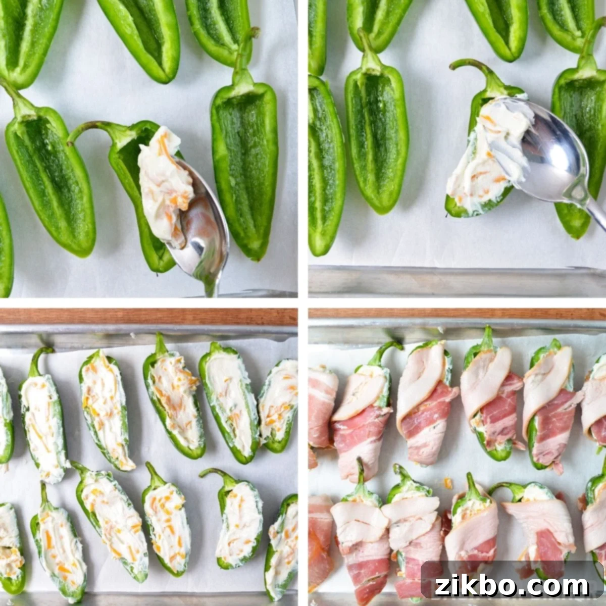 An image showing the process of filling hollowed-out jalapeno pepper halves with a cream cheese and shredded cheese mixture, followed by wrapping them in bacon.