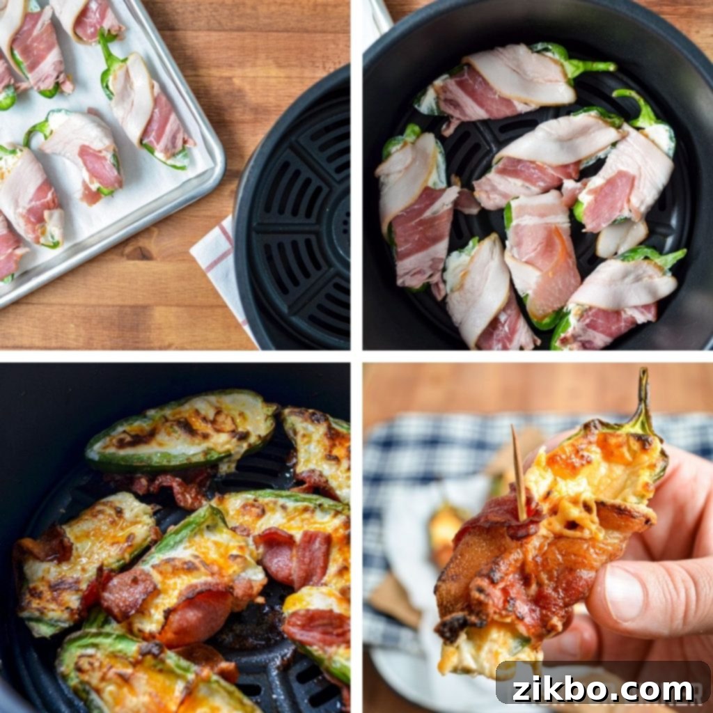 A batch of homemade jalapeno poppers, filled with cheese and wrapped in bacon, ready to be cooked in an air fryer.