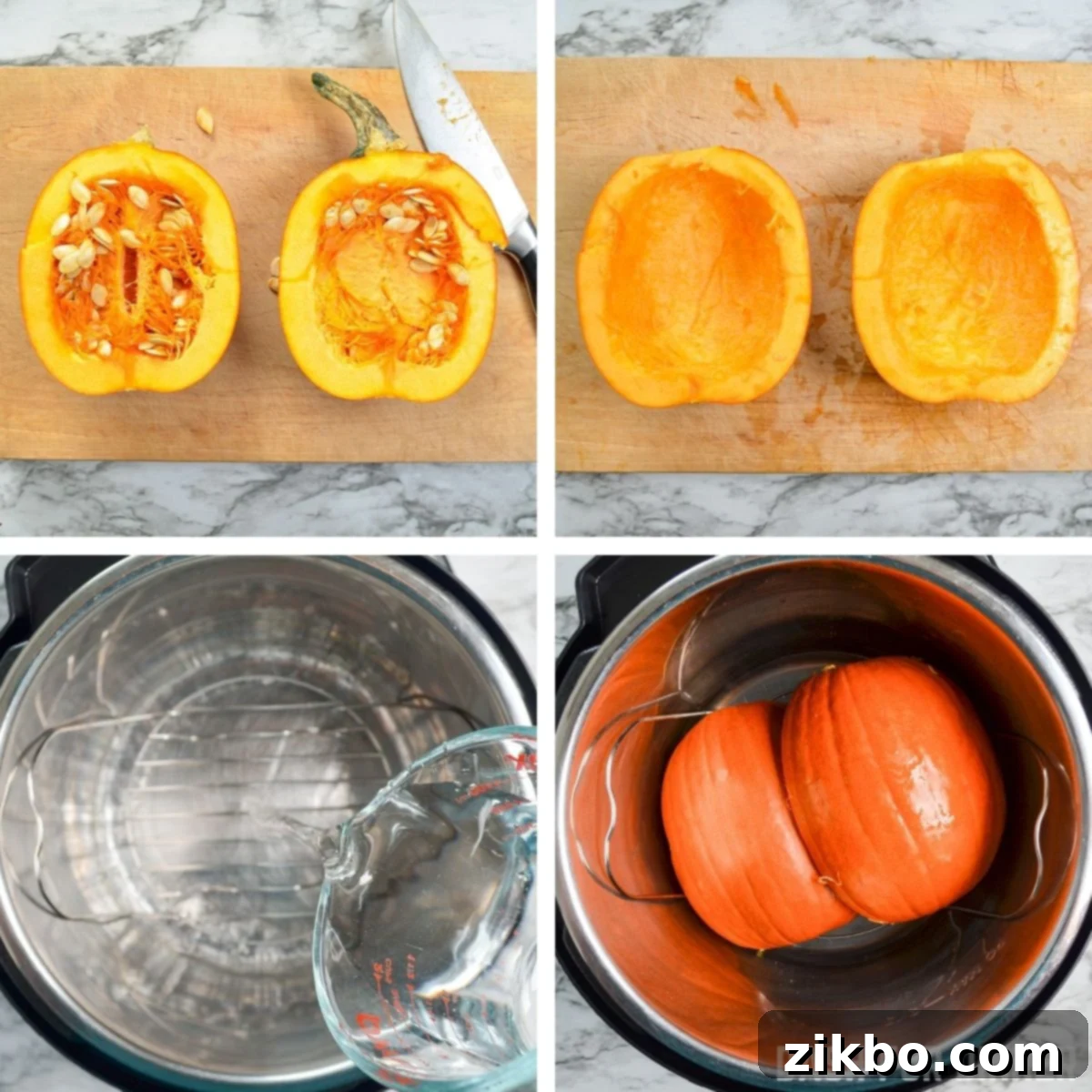 Cutting a pumpkin in half and adding to an Instant Pot.