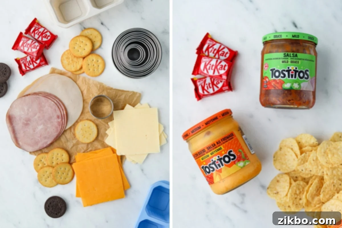 Various ingredients for homemade lunchables, including deli meat, cheese, tortilla chips, queso, and salsa, neatly arranged.