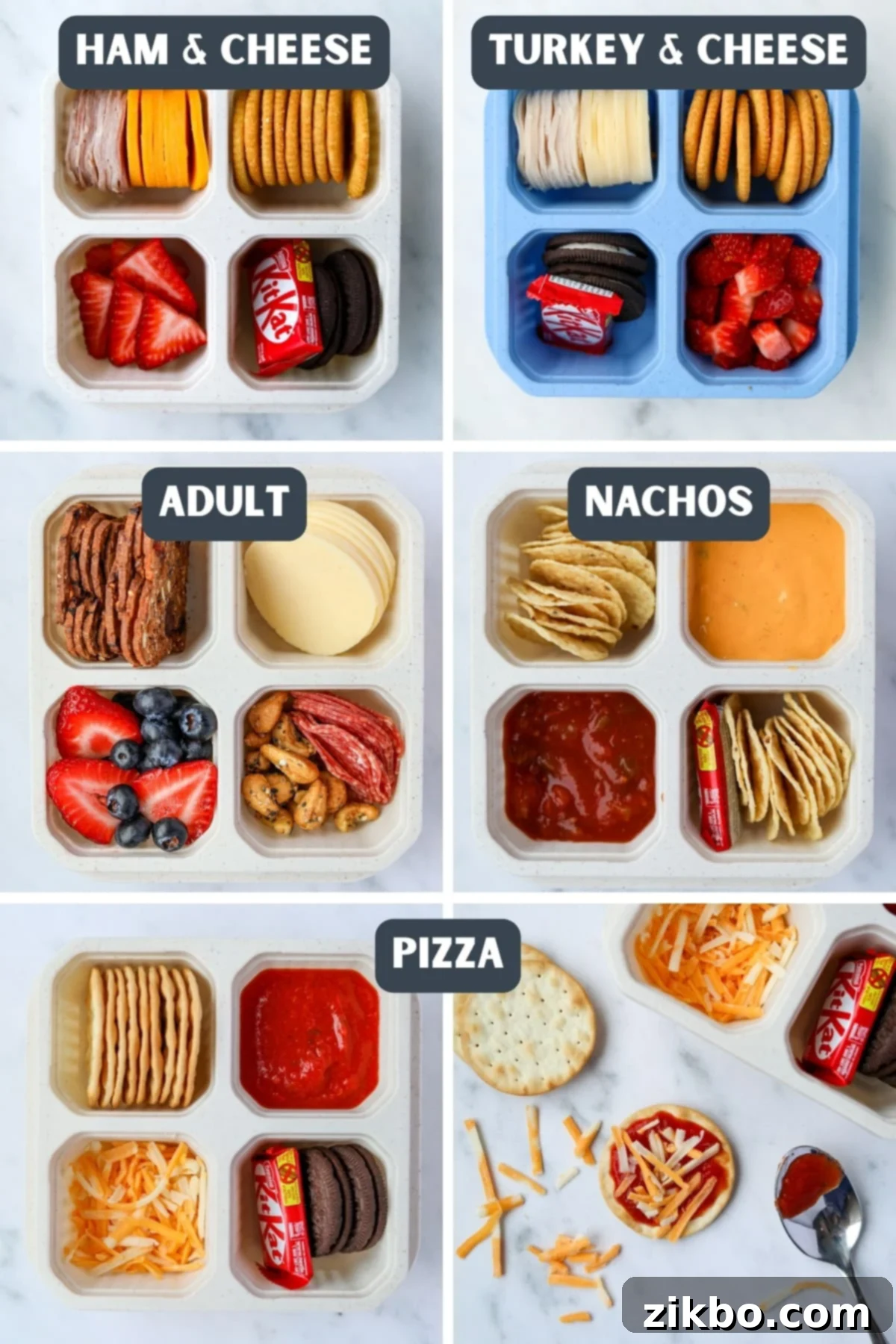 A vibrant display of various homemade lunch box ideas, including pizza, nachos, and classic cheese and crackers, demonstrating the versatility of DIY lunchables for kids and adults.