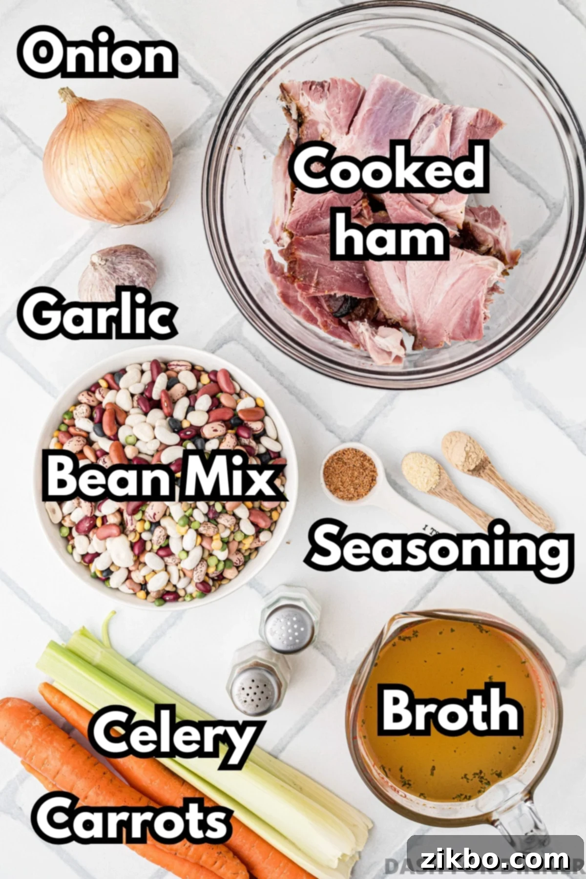 15 Bean Soup 3 The ingredients needed to make ham and bean soup, including leftover ham, broth, seasonings, and aromatic vegetables.