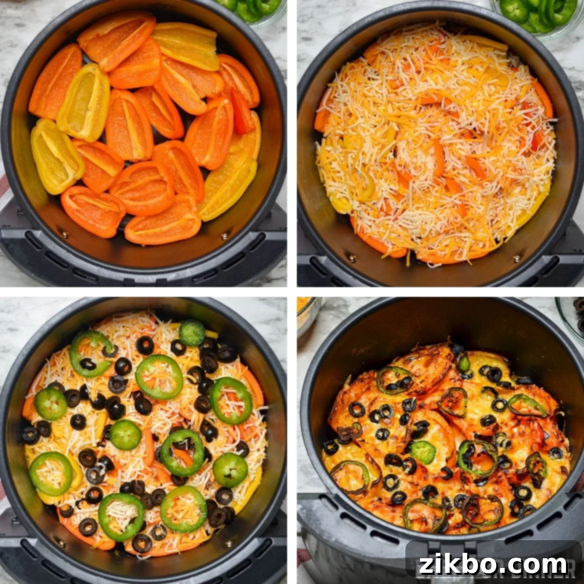 Mini pepper halves arranged in an air fryer basket, ready for toppings.