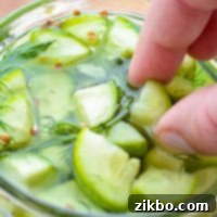 Instant Pot Fast Pickles 11 Picking a spear of Instant Pot Pickles out of a glass jar.