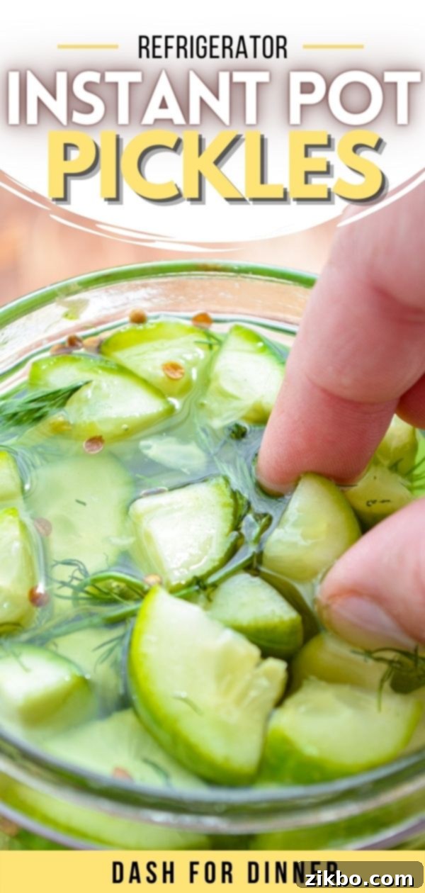 Instant Pot Fast Pickles 12 Instant Pot refrigerator pickles graphic with text and images.