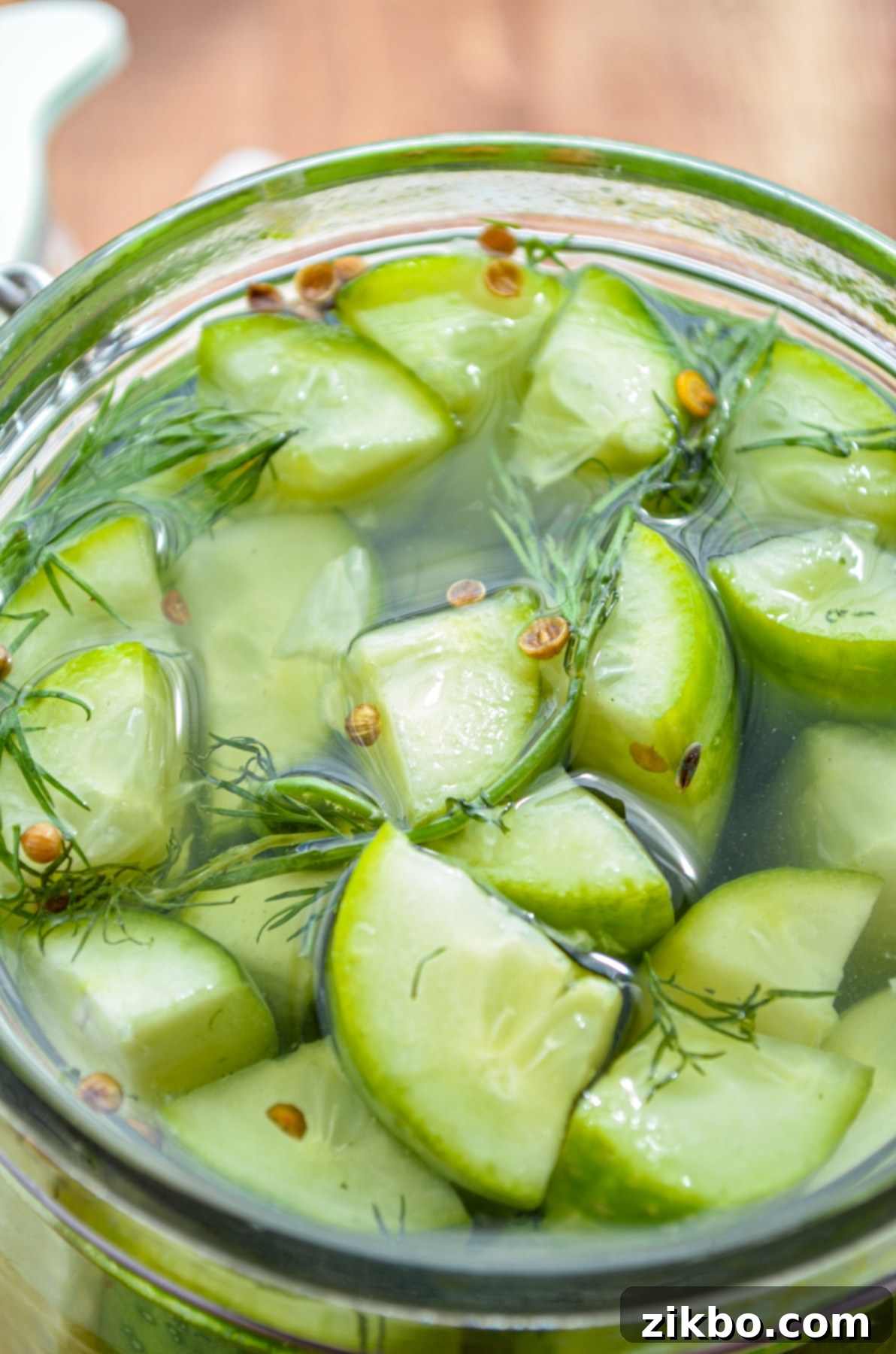 Instant Pot Fast Pickles 10 Instant Pot refrigerator pickles in a glass jar, showcasing their crisp texture.