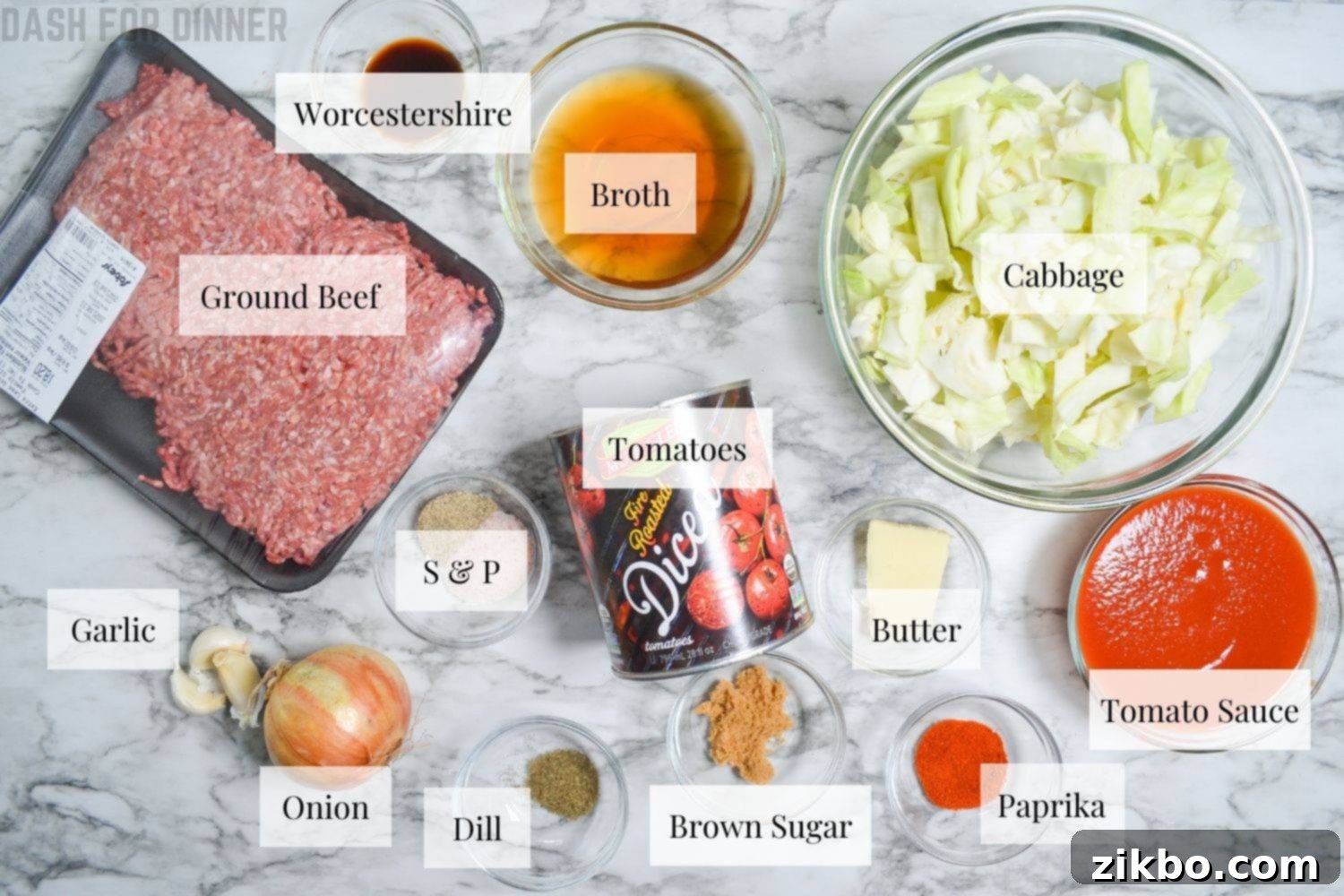 The ingredients needed to make unstuffed cabbage rolls in the Instant Pot.
