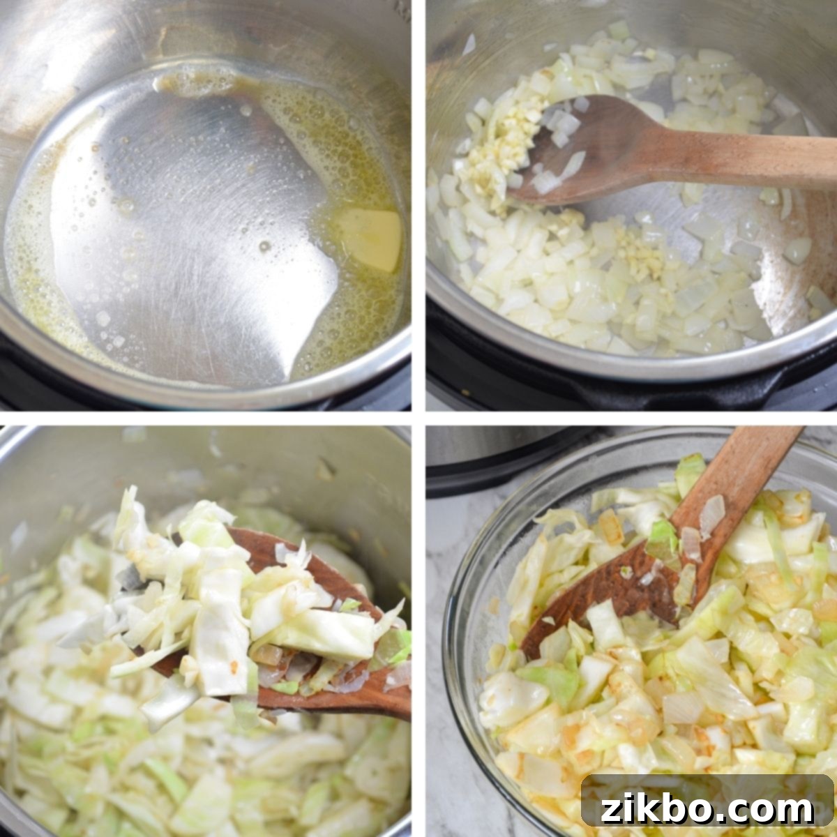 Melting butter in the Instant Pot and adding onion and cabbage to soften.