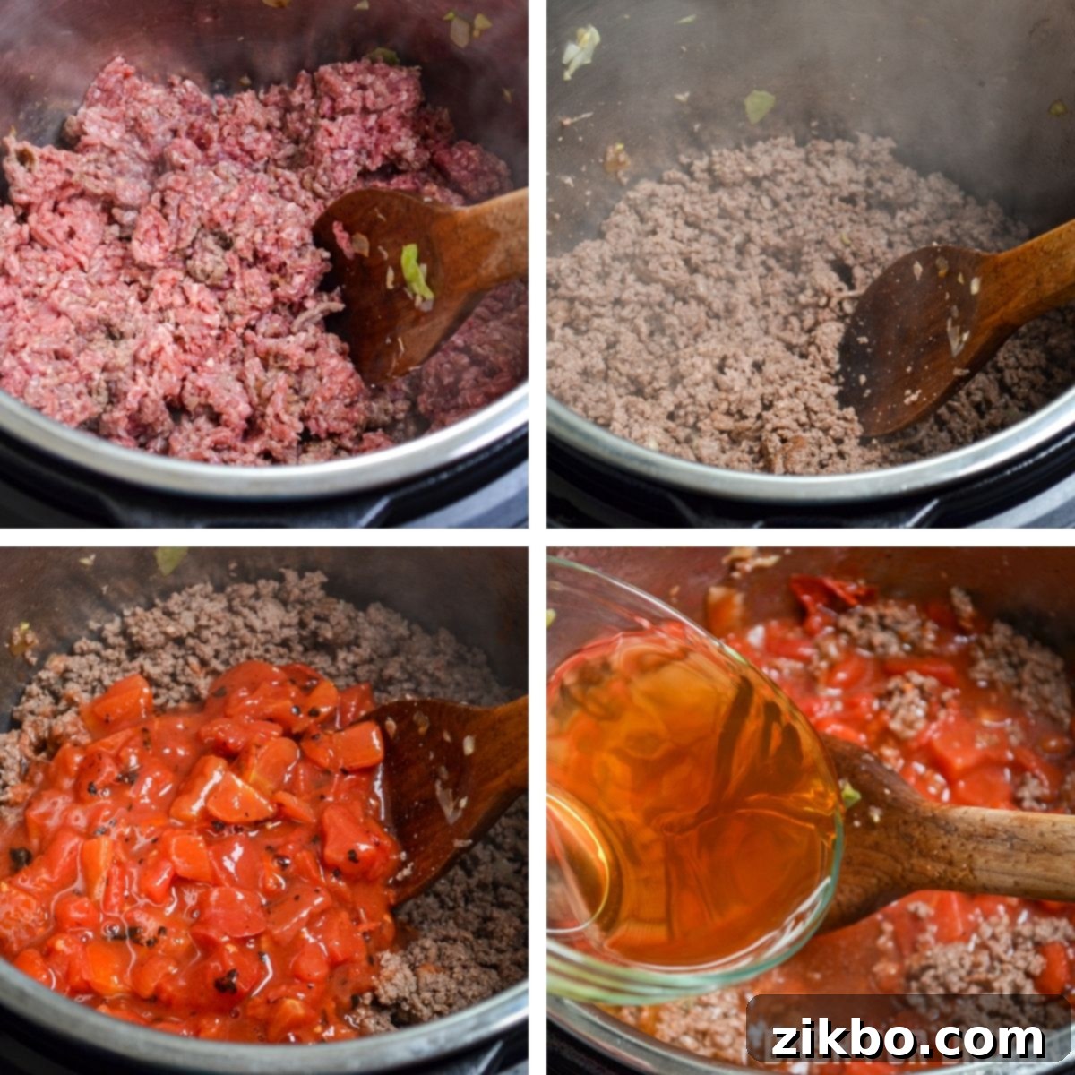 Browning ground beef in the Instant pot and adding tomatoes and broth.