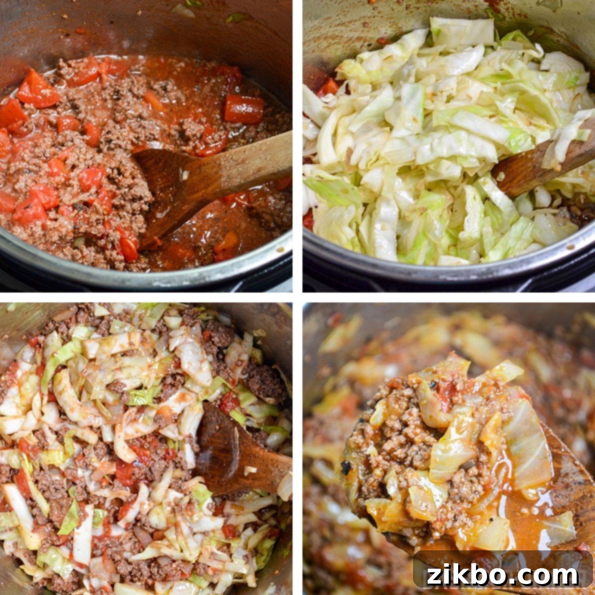 Adding cabbage into an Instant Pot filled with tomatoes and ground beef.