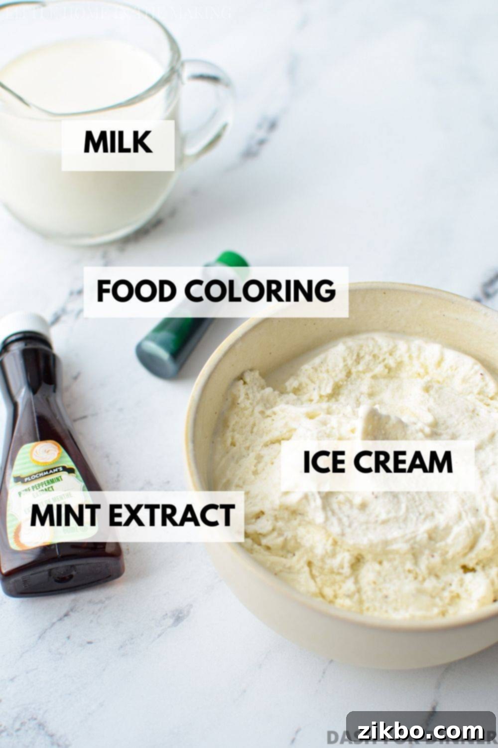 Homemade Shamrock Shake 3 All the essential ingredients for a homemade shamrock shake laid out: vanilla ice cream, milk, green food coloring, and mint extract.