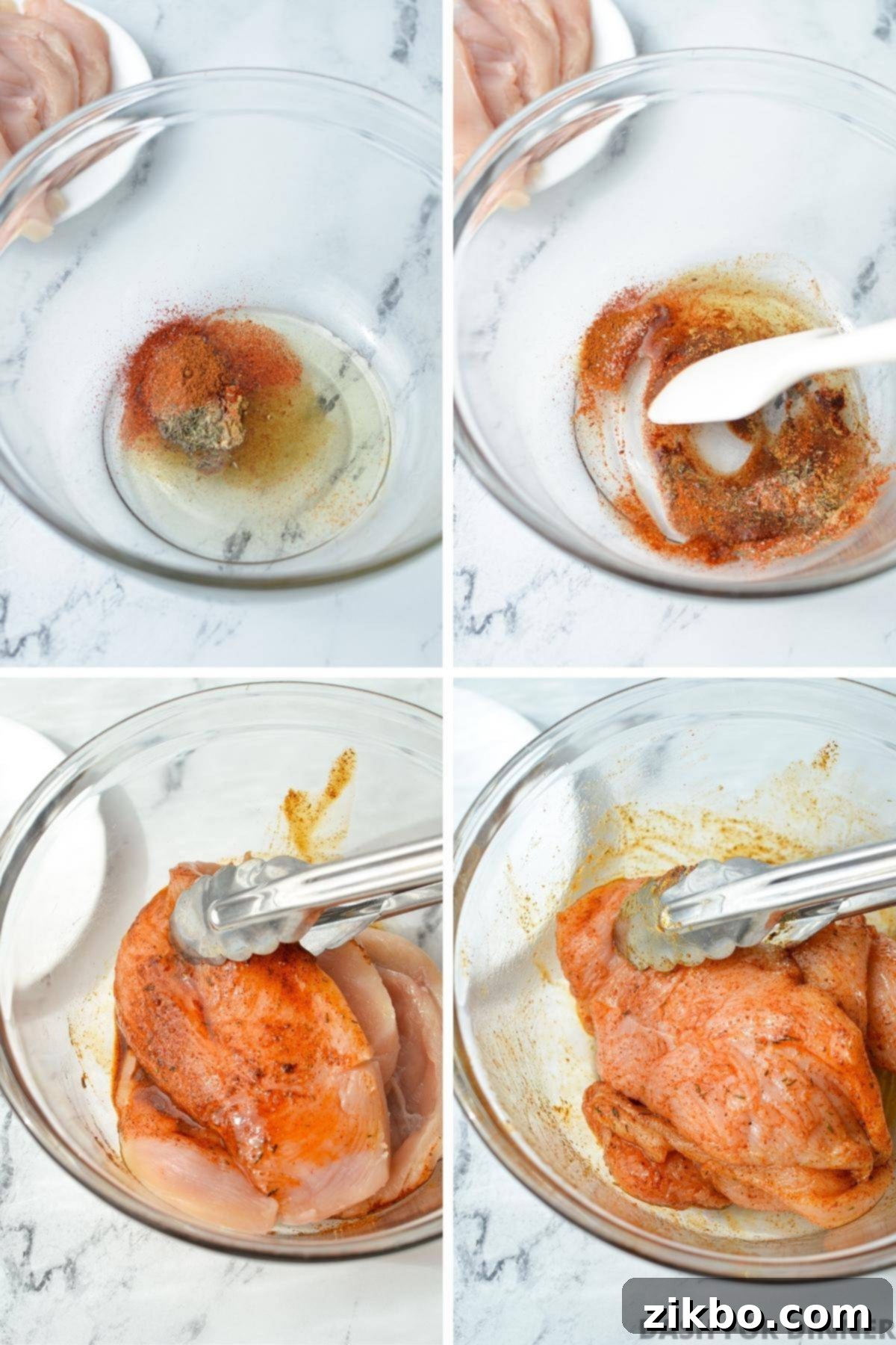 A close-up of a whisk blending avocado oil with a vibrant mix of smoked paprika, cayenne, cumin, thyme, onion powder, white pepper, and salt in a bowl, forming a rich seasoning paste.