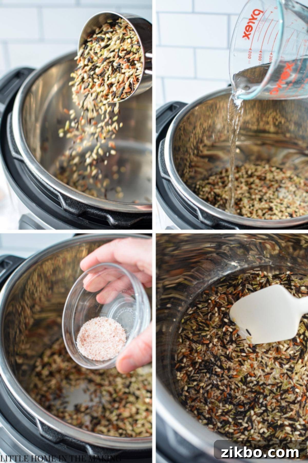A visual guide showing the initial steps of adding wild rice blend, water, and salt into the Instant Pot insert, followed by a stir to combine all ingredients.