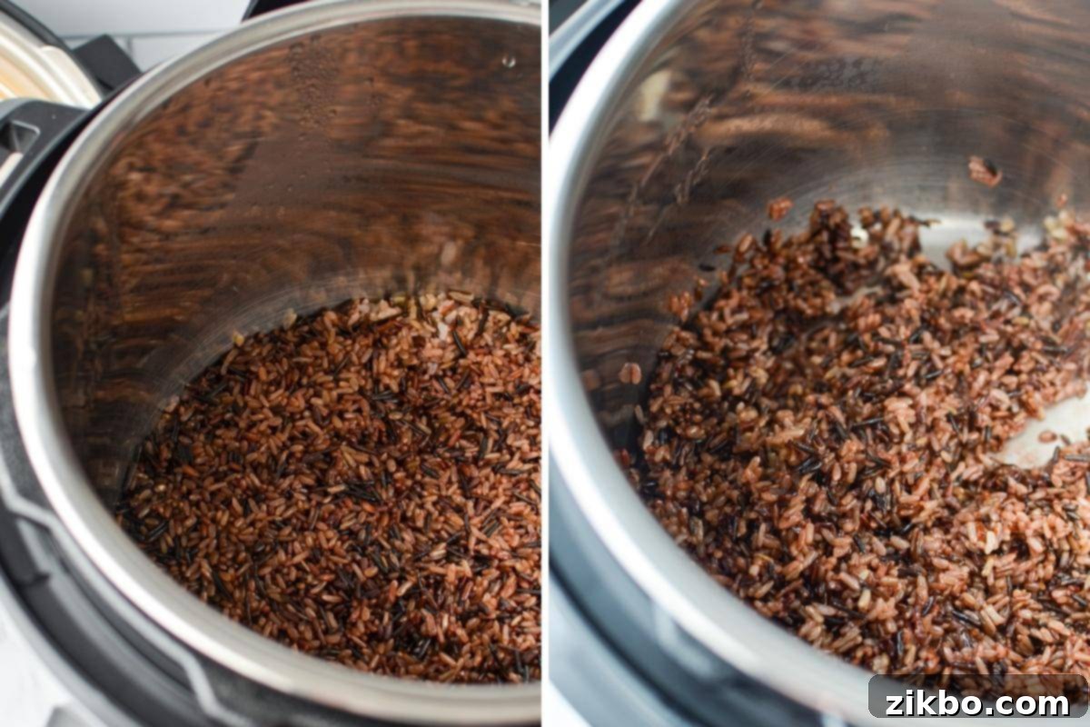 The Instant Pot open, revealing a beautifully cooked, fluffy wild rice blend inside the inner pot, ready for serving.