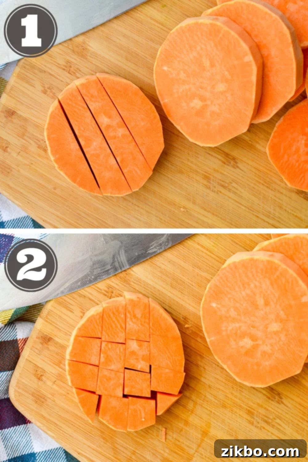 Crispy Air Fryer Sweet Potato Cubes 4 A step-by-step image showing a person cutting a sweet potato into uniform cubes on a wooden cutting board.