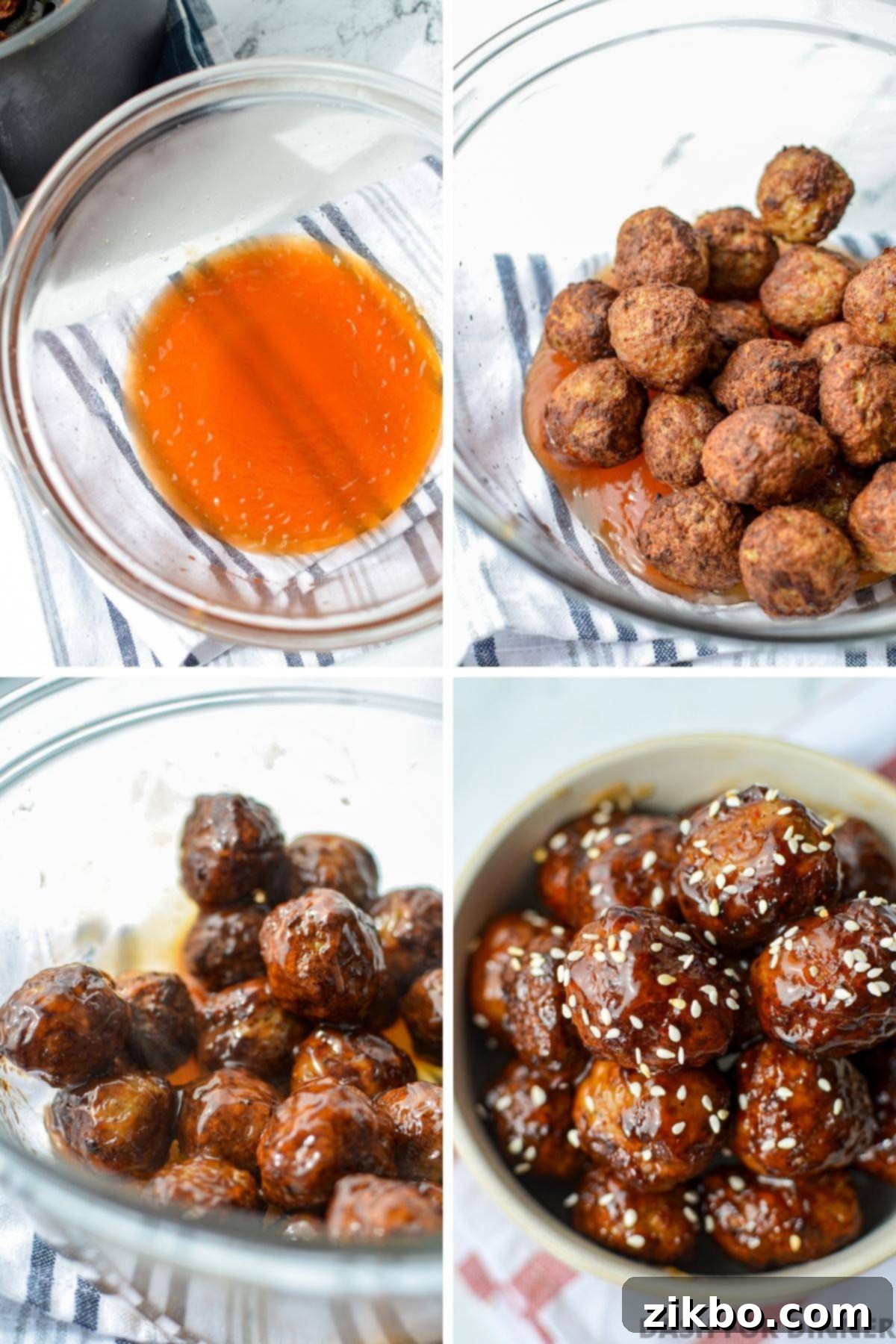 Adding cooked meatballs to a bowl of sweet and sour sauce and tossing them to coat thoroughly.
