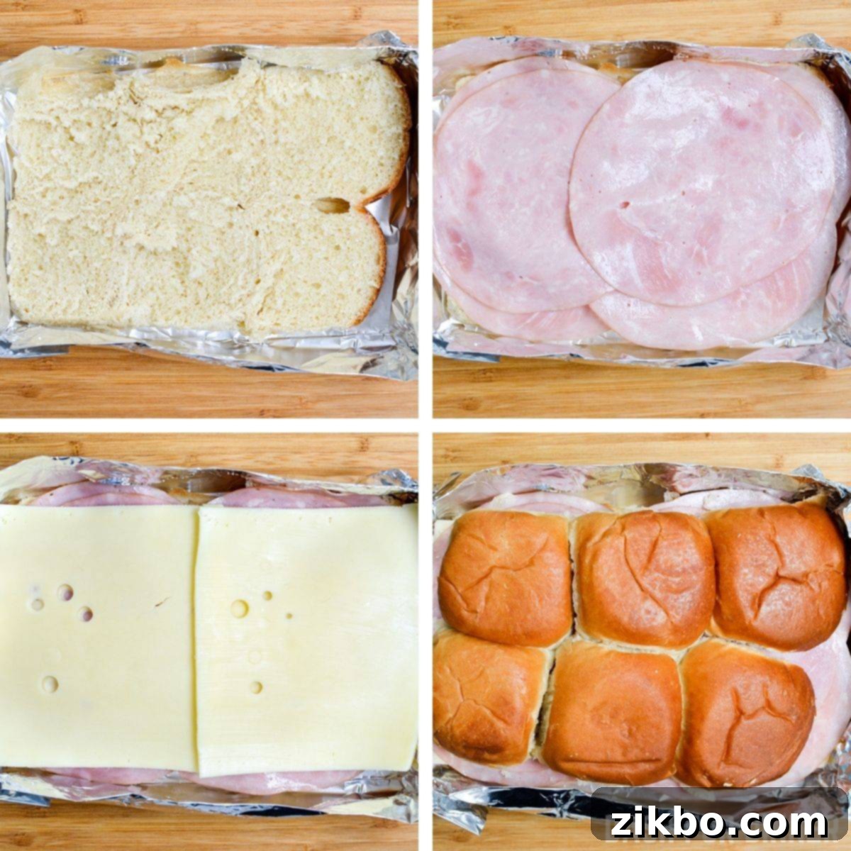 Golden Air Fryer Ham and Cheese Sliders 4 Assembling ham and cheese sliders in a foil pan, layering ham and cheese on the bottom half of the rolls.