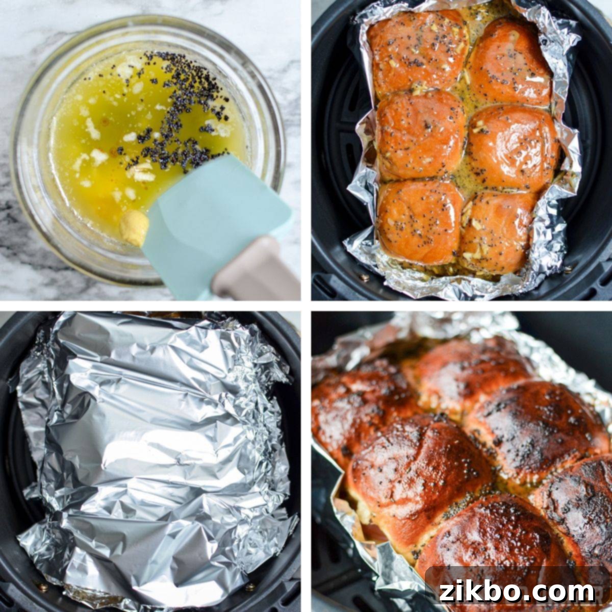 Golden Air Fryer Ham and Cheese Sliders 5 Pouring a buttery poppy seed sauce evenly over the assembled ham and cheese sliders in their foil packet.