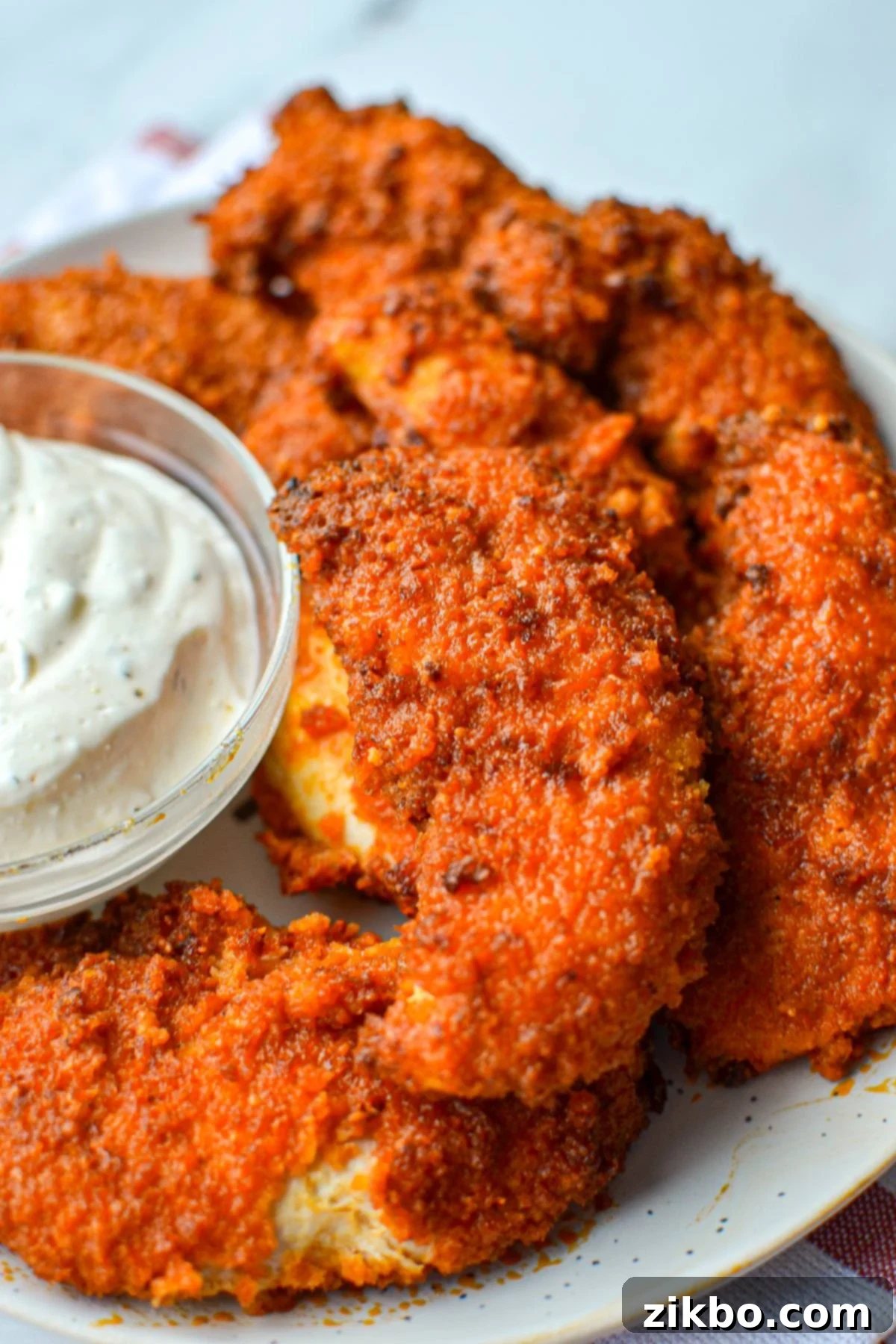 A plate of buffalo chicken tenders with a ranch dipping sauce on the side.