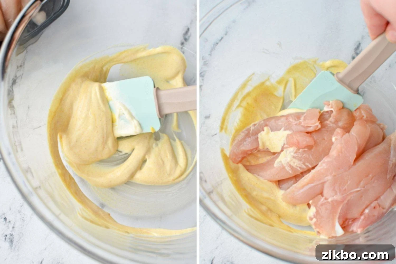 Marinating chicken tenders in a mixture of mayonnaise, dijon mustard, and garlic powder.