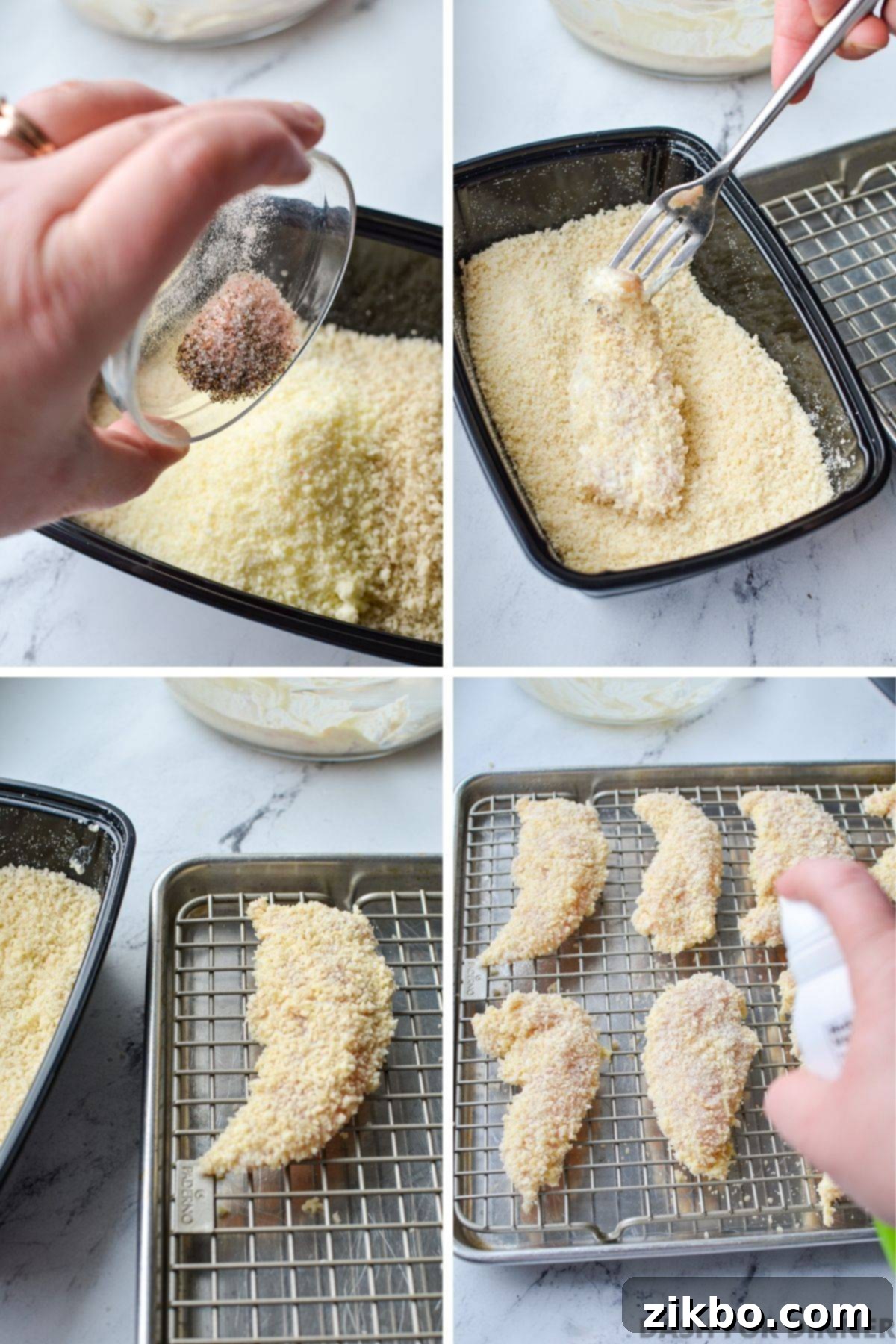 Combining the ingredients for a breading in a small container and then coating chicken tenders in the breading.