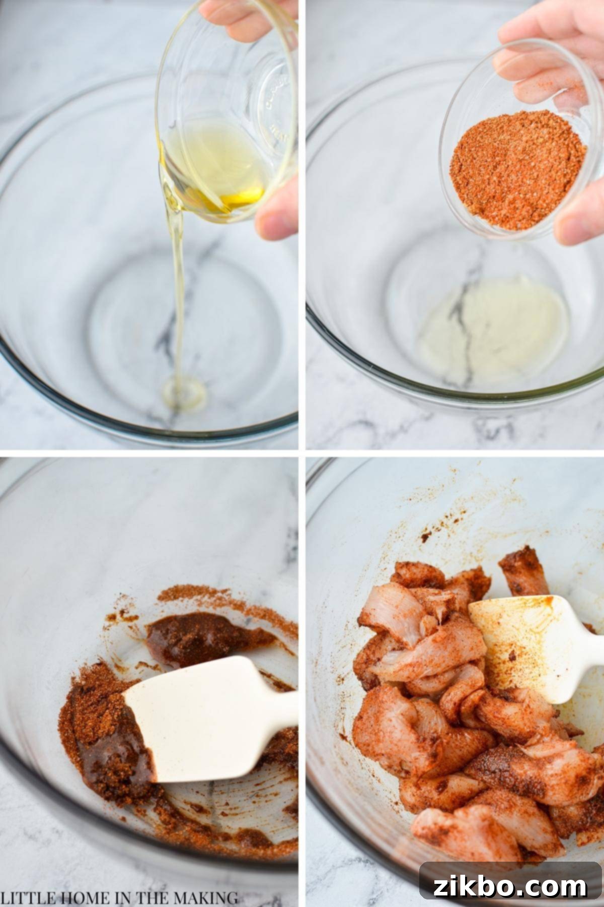 Crispy Air Fryer Chicken Fajitas 4 Combining taco seasoning with oil in a bowl to make a mixture for chicken fajitas, demonstrating the paste consistency.