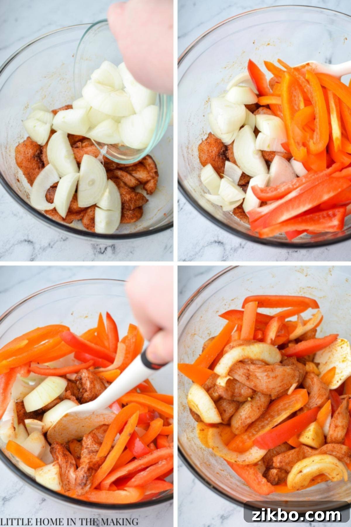 Crispy Air Fryer Chicken Fajitas 5 Sliced chicken, onions, and bell peppers in a large bowl, ready to be tossed with fajita seasoning.