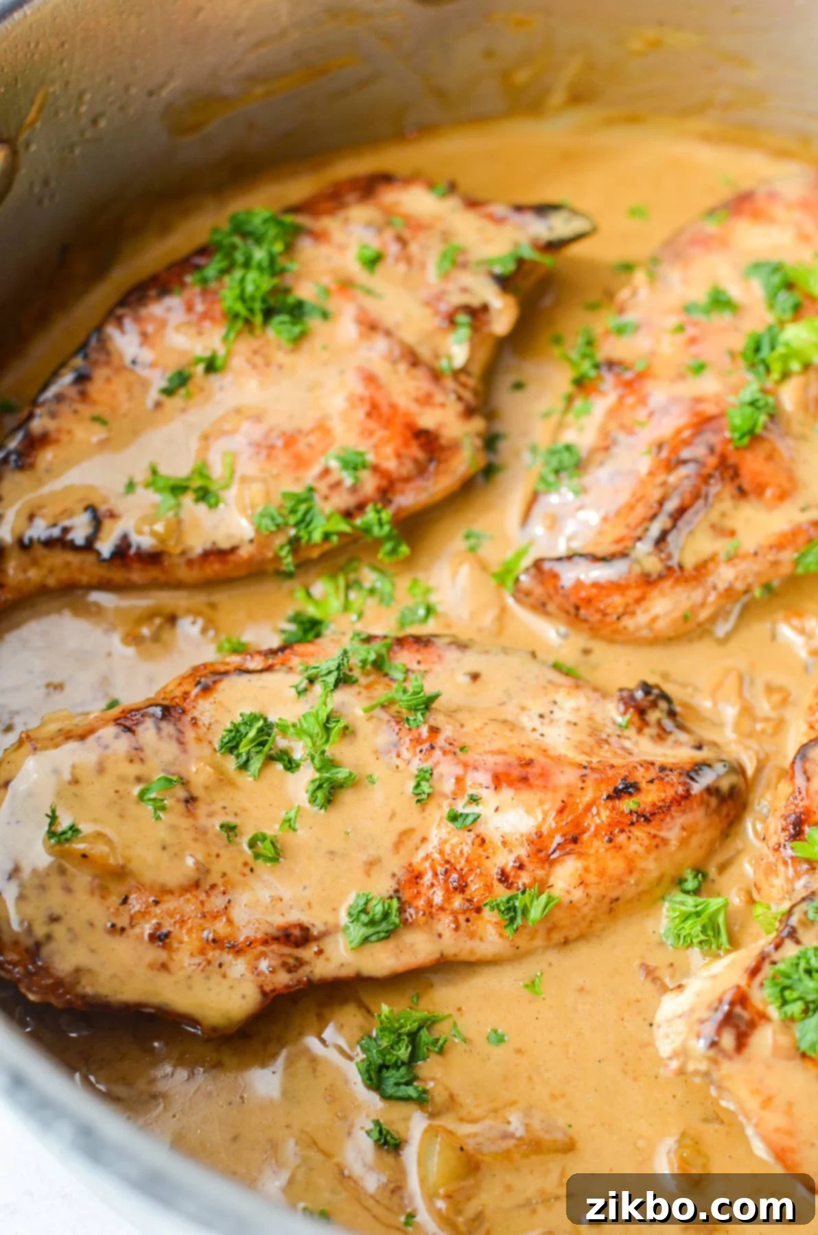 A close up of chicken in a skillet, coated in a light brown creamy garlic sauce. Perfectly seared chicken breasts in a rich, creamy garlic sauce, garnished with fresh parsley, ready to be served from a single pan.