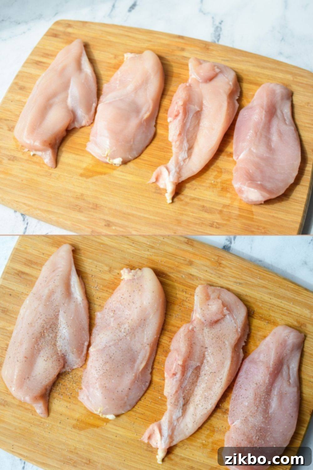 A chicken breast being sliced in half horizontally and then seasoned with salt and pepper on a cutting board.