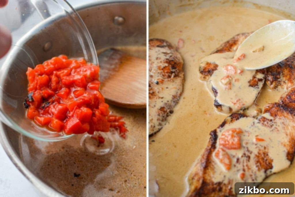 Adding chopped roasted red peppers into the simmering cream sauce in the skillet.