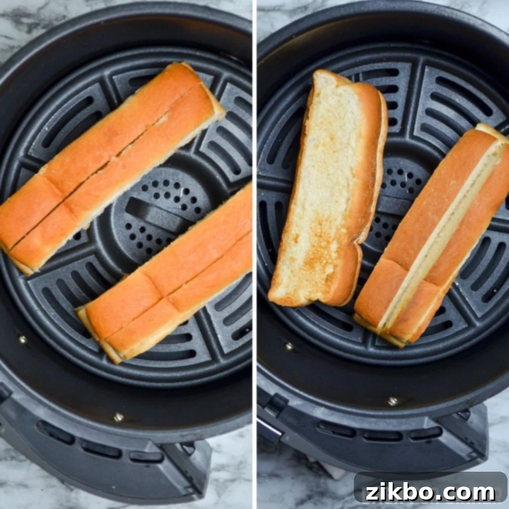 Toasted hot dog buns in the air fryer.
