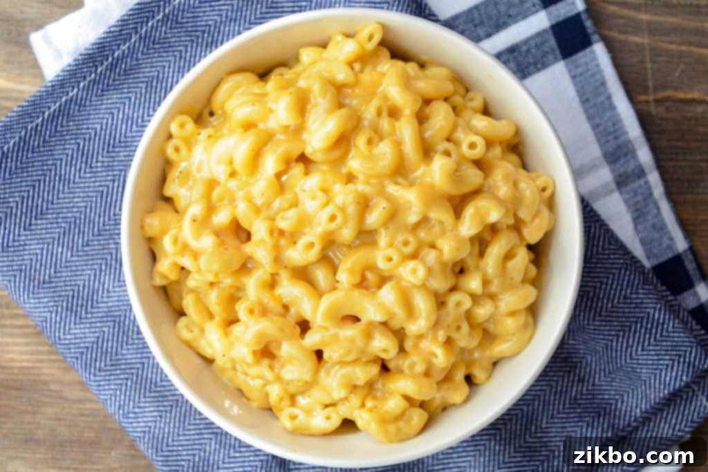 Quick and Creamy 5-Ingredient Instant Pot Velveeta Mac and Cheese 11 A bowl of Instant Pot macaroni and cheese, elegantly presented on a blue napkin background, inviting you to dig in.
