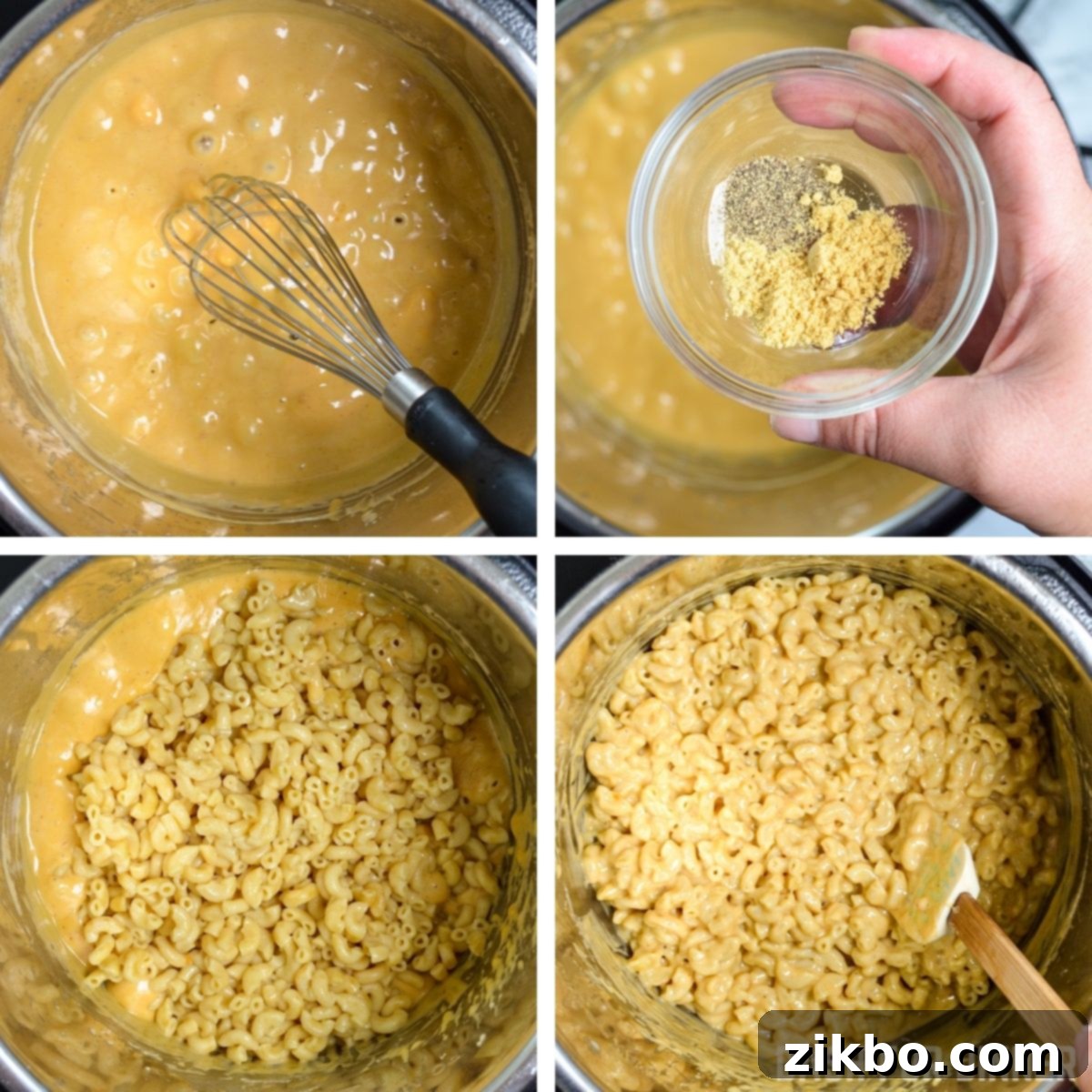Quick and Creamy 5-Ingredient Instant Pot Velveeta Mac and Cheese 9 The cooked macaroni being added to the melted cheese sauce in the Instant Pot.