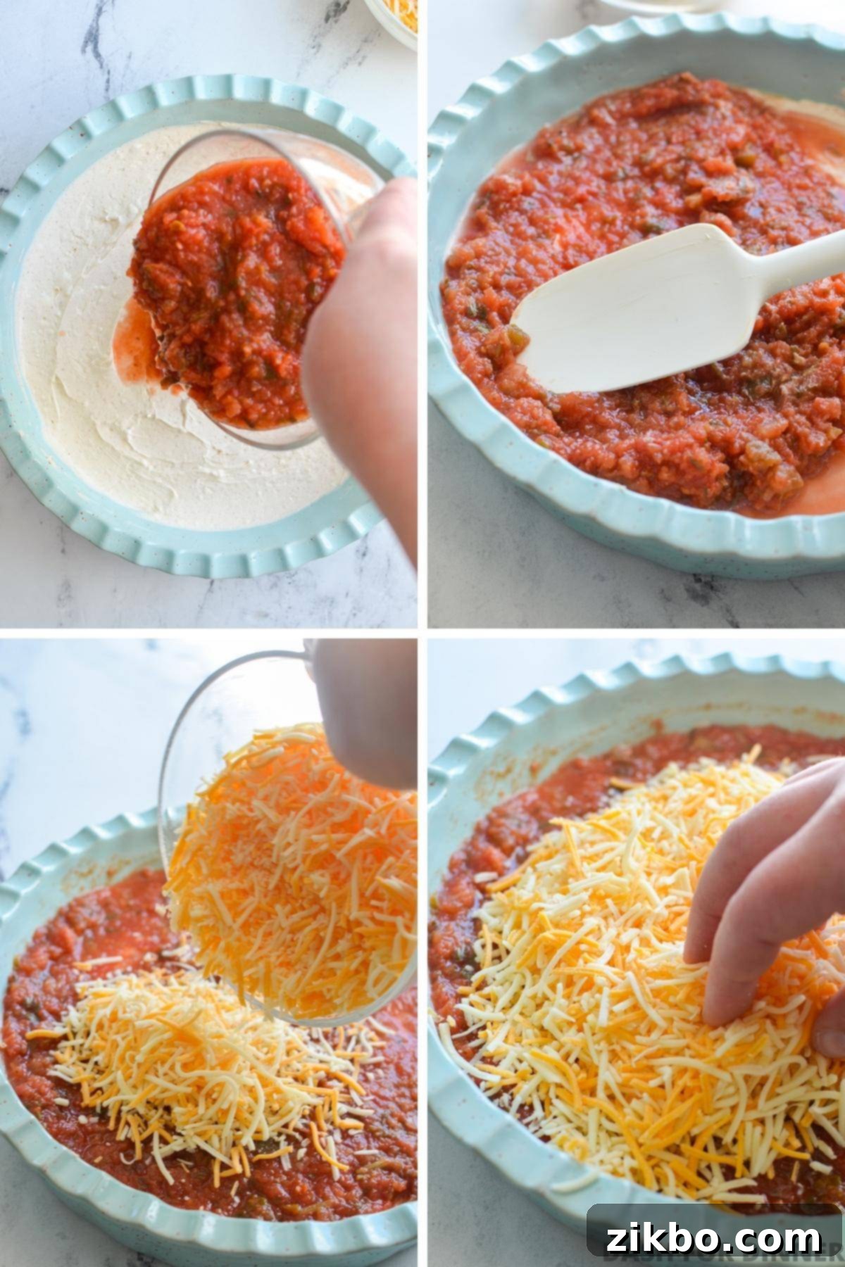A two-step image showing the layering process: first, vibrant salsa being poured over the creamy base, and second, shredded cheese generously sprinkled on top of the salsa layer in a baking dish.