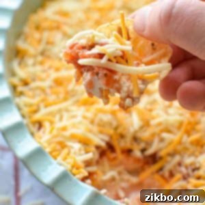 A tortilla chip being dipped into a cold, flavorful layered cream cheese and salsa taco dip, showcasing its inviting textures and vibrant colors.