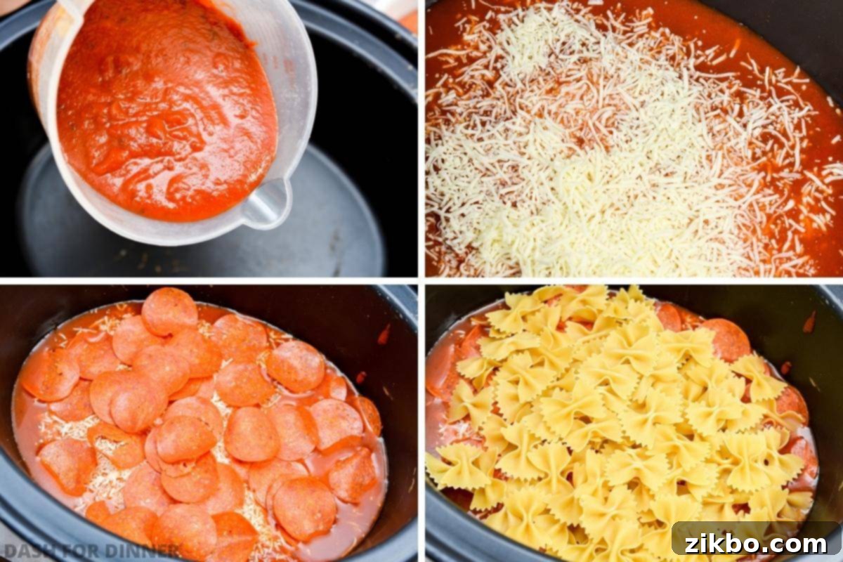 Slow Cooker Pizza Delight 4 Adding marinara sauce, cheese, pepperoni, and uncooked pasta to a slow cooker, illustrating the layering process for the casserole.