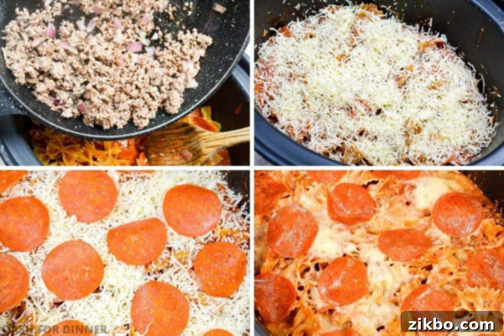 Slow Cooker Pizza Delight 5 Adding browned ground beef, cheese, and pepperoni as the final layers to a slow cooker pizza casserole before covering.