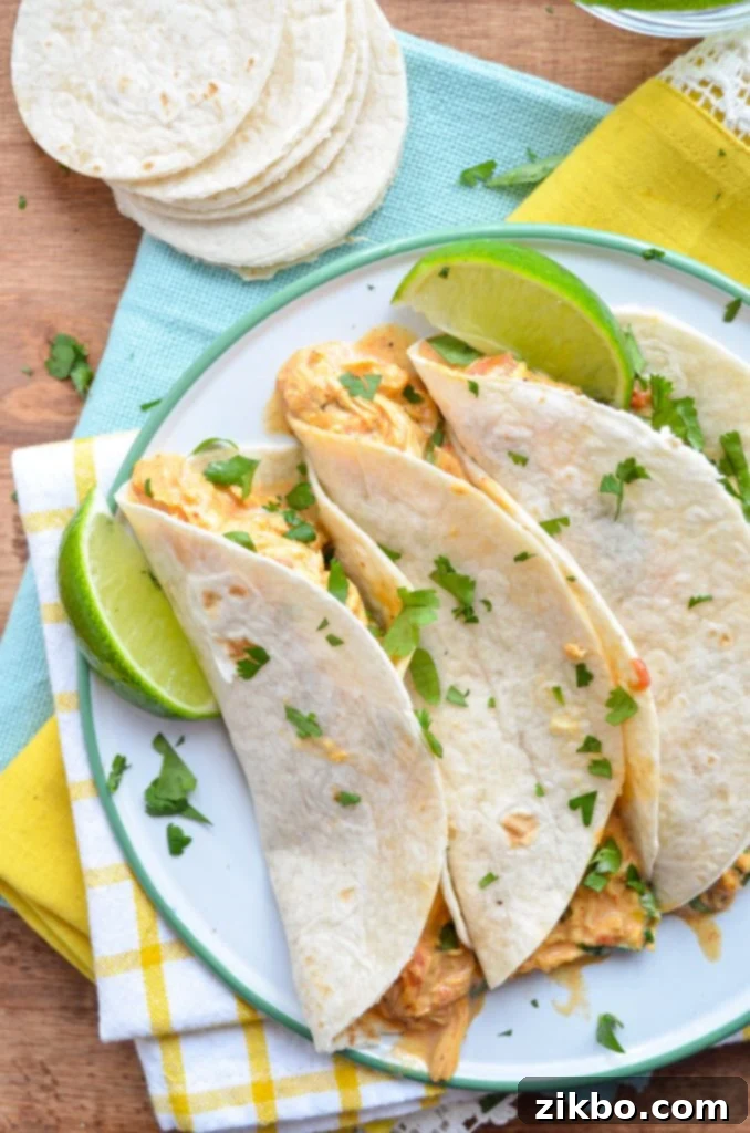 Three chicken queso tacos on a plate, resting on bright napkins.