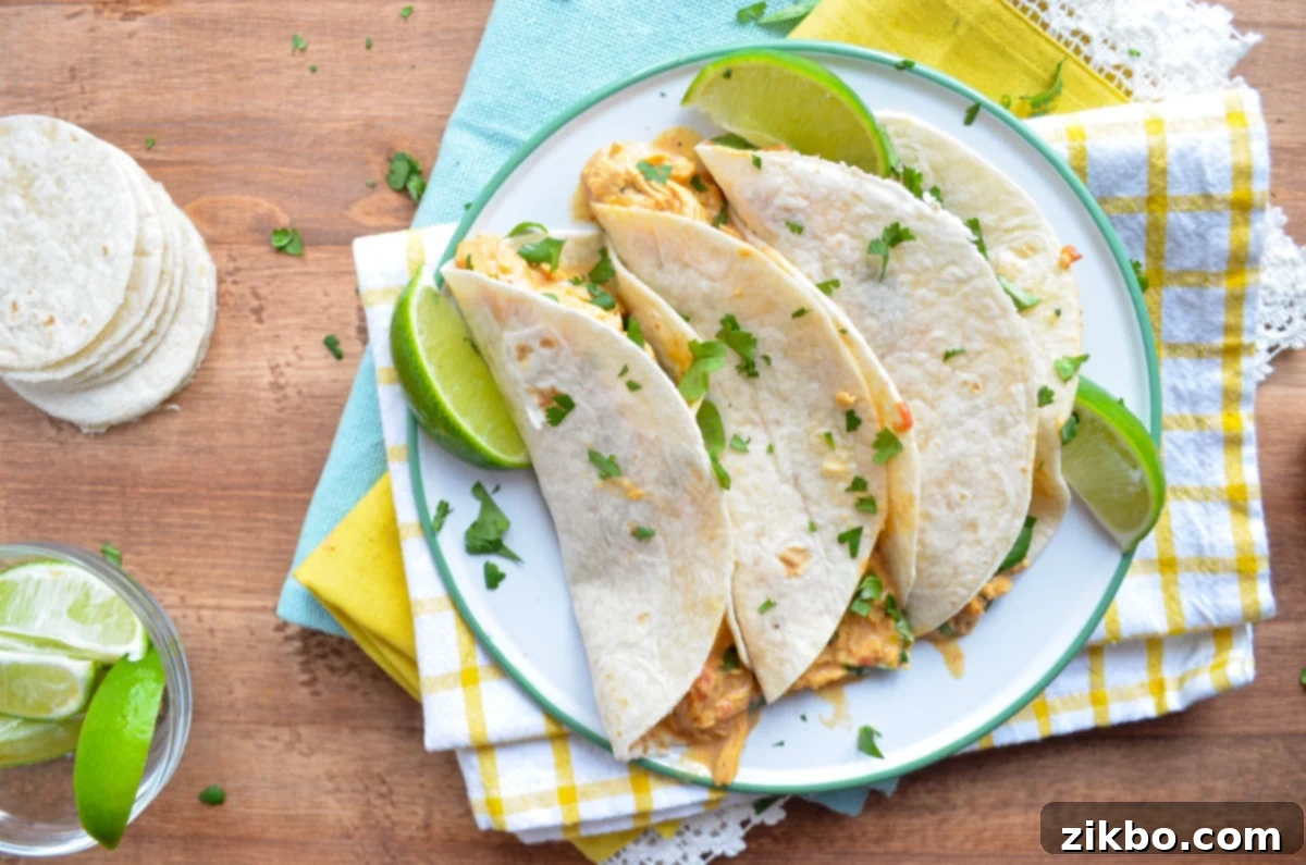 Three chicken queso tacos on a plate, resting on bright napkins.