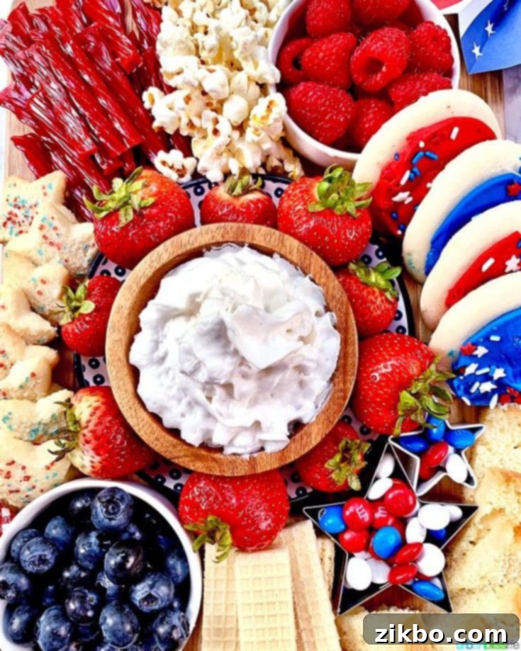 A stunning 4th of July Dessert Board, featuring an assortment of red, white, and blue treats and fruits for a festive spread.
