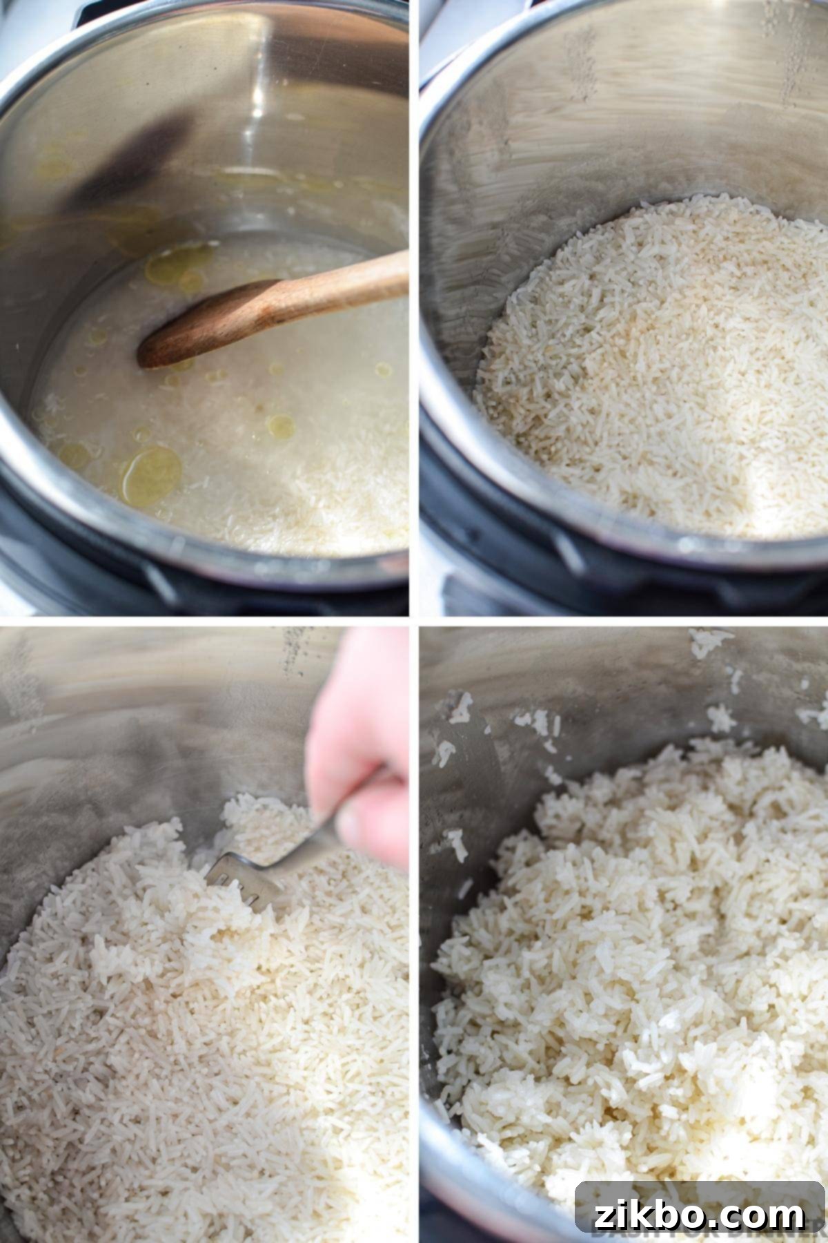 Two images: first, stirring white rice with a spoon in an Instant Pot before cooking, and second, fluffing the perfectly cooked rice with a fork after the pressure has released.