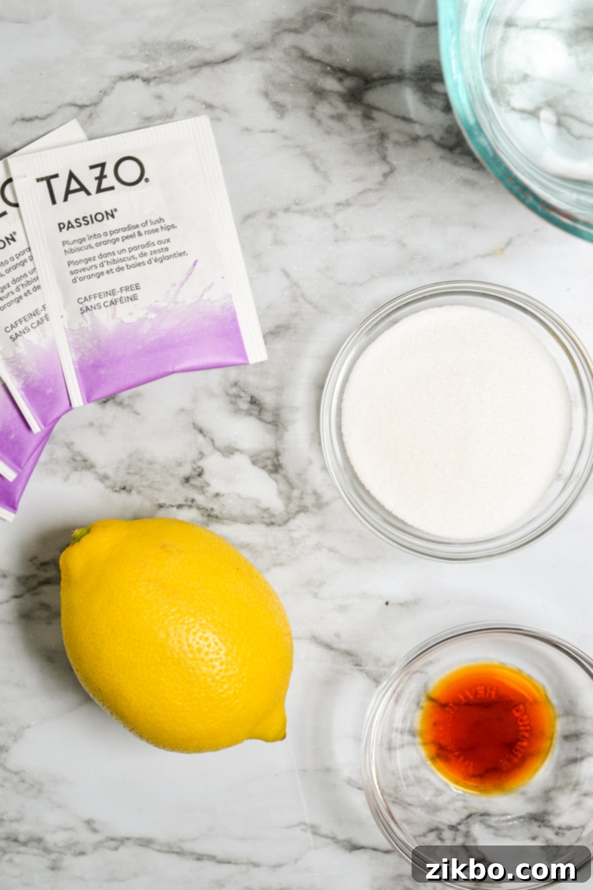 All the fresh and simple ingredients laid out, ready to make a delicious batch of Passion Tea Lemonade.