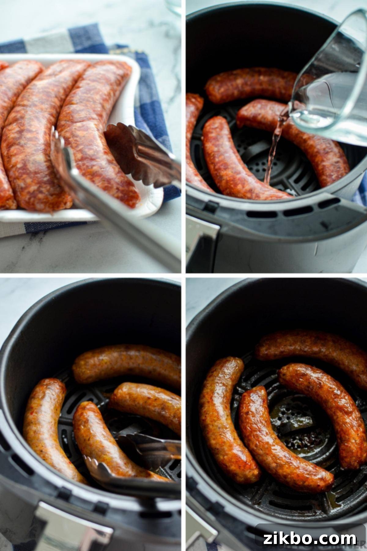 Adding Italian sausages to an air fryer to cook.