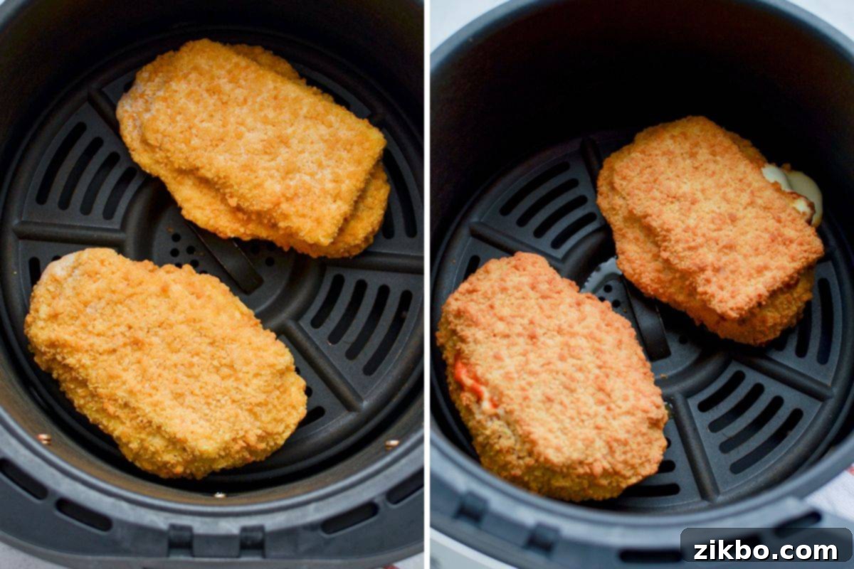 Adding frozen chicken parmesan to an air fryer.