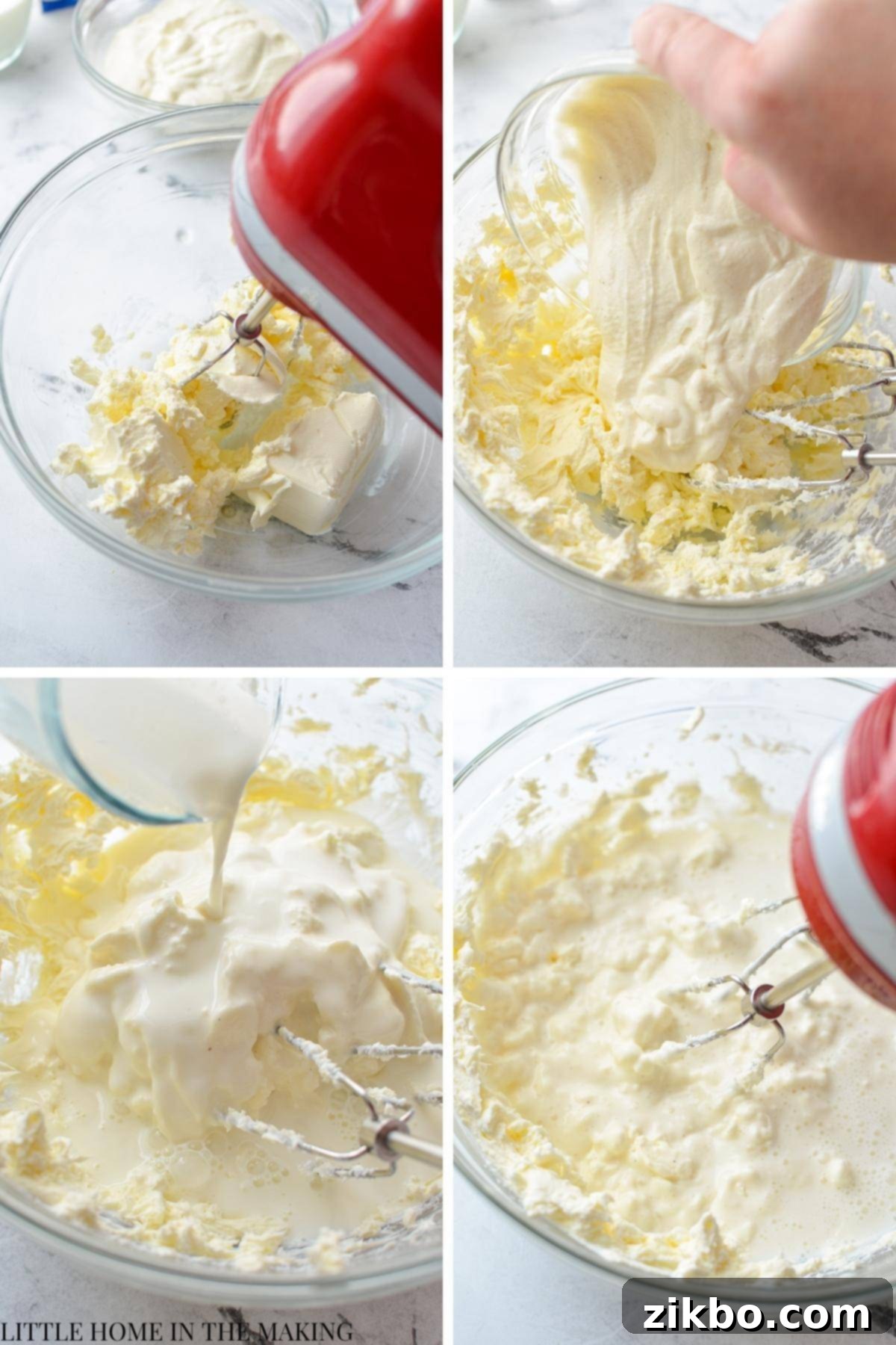 Whipping cream cheese with yogurt and milk to create the smooth, creamy base for a no-bake cheesecake salad.