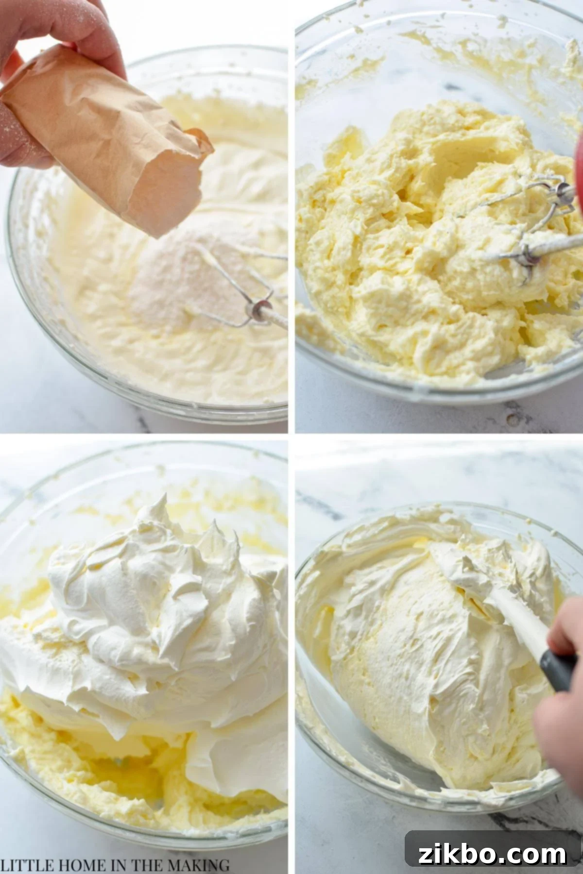 Adding vanilla pudding mix and thawed whipped topping to the creamy cheesecake base mixture.